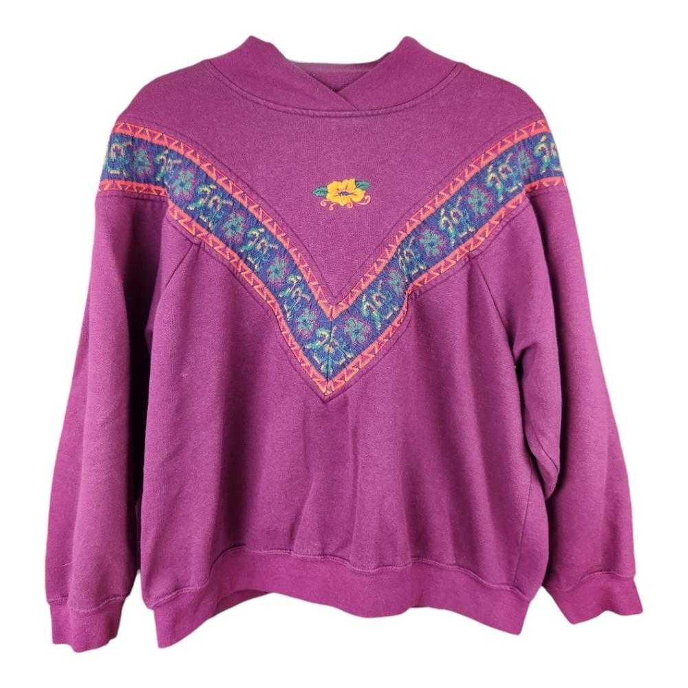Vintage 90s American Sportif Floral Accent Pullover Sweater Large Purple